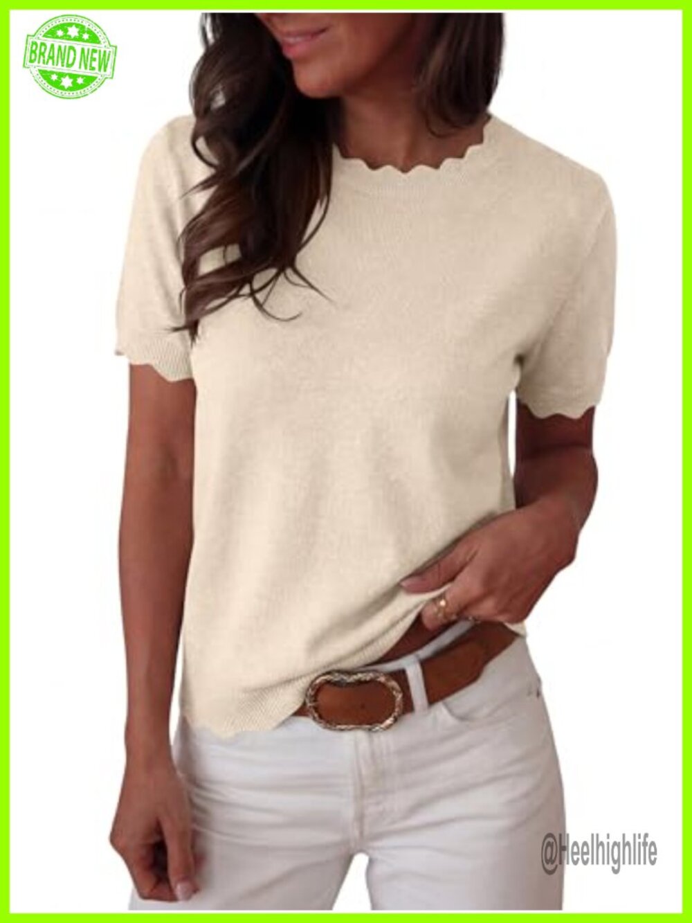 Scalloped Short Sleeve Wool Blend Sweater Pullover Loose Business Casual